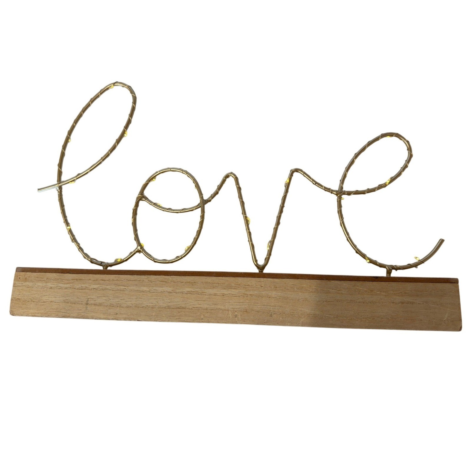 Gold Wire Love Sign with LED Fairy Lights on Wood Base Tabletop Decor