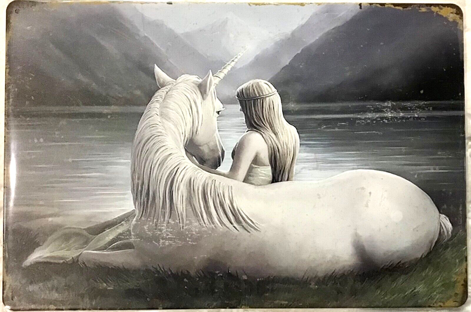 TIN SIGN new 8×12 Unicorn white horse sexy pretty girl fantasy lake mountains C7