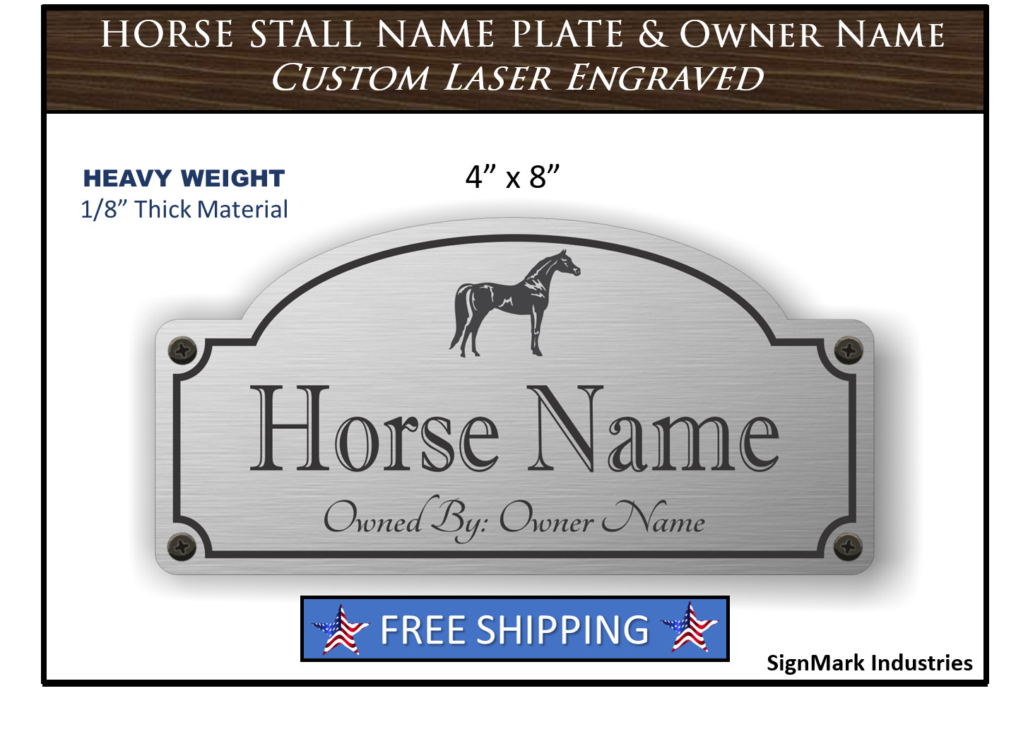 4″ x 8″ Horse Stall Sign, Horse & Owner Name – Heavy Duty 1/8″ laser engraved
