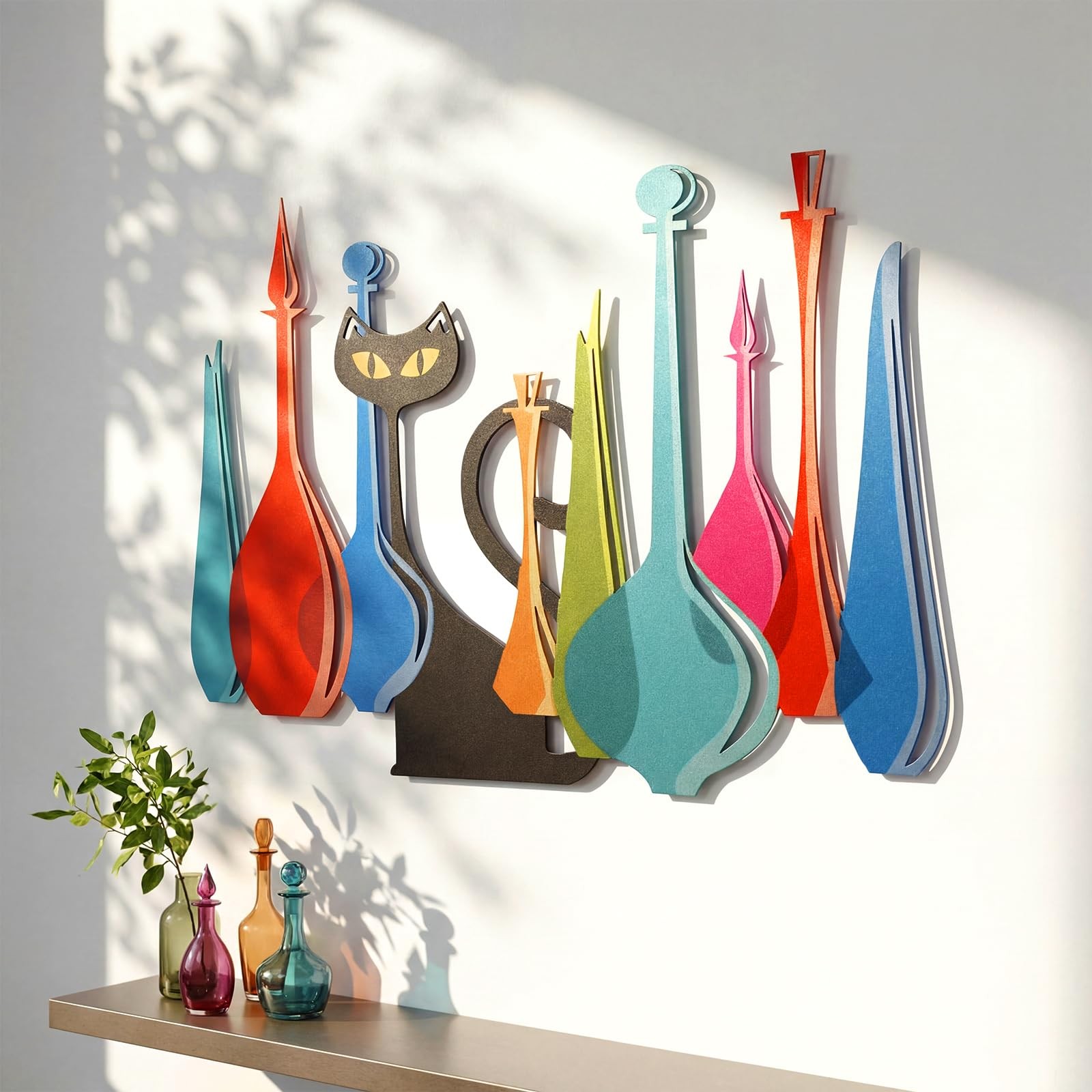 Cat Metal Wall Art Decor Mid Century Modern Atomic Cat Colorful Glass Decante…
