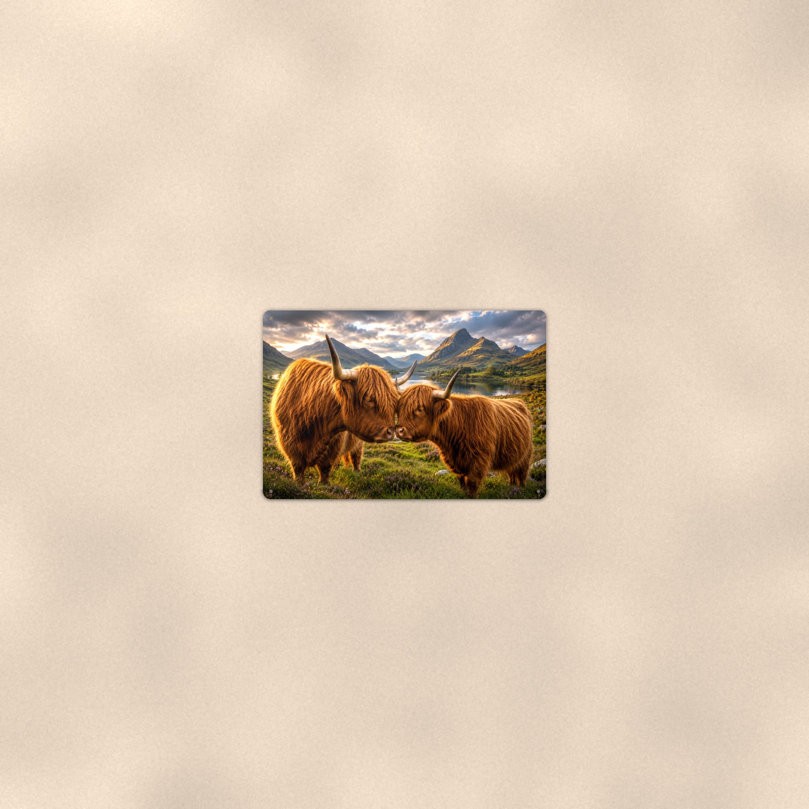 Nuzzling Highland Cow Pair Aluminum Sign 12 x 8, Metal Wall Art