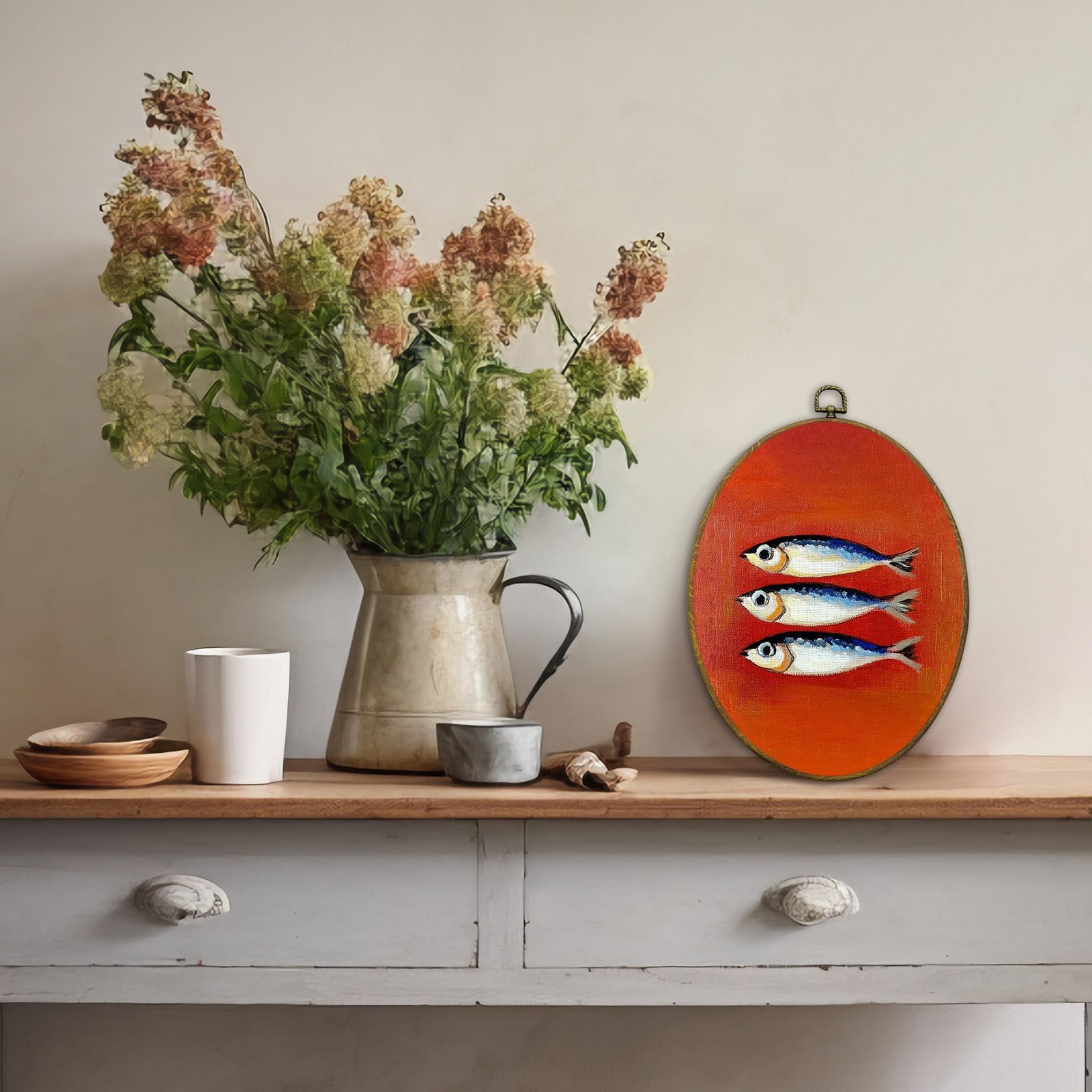 Vintage Coastal Sardine Fish Oval Wall Art Decor Framed, Retro Ocean Beach Ki…