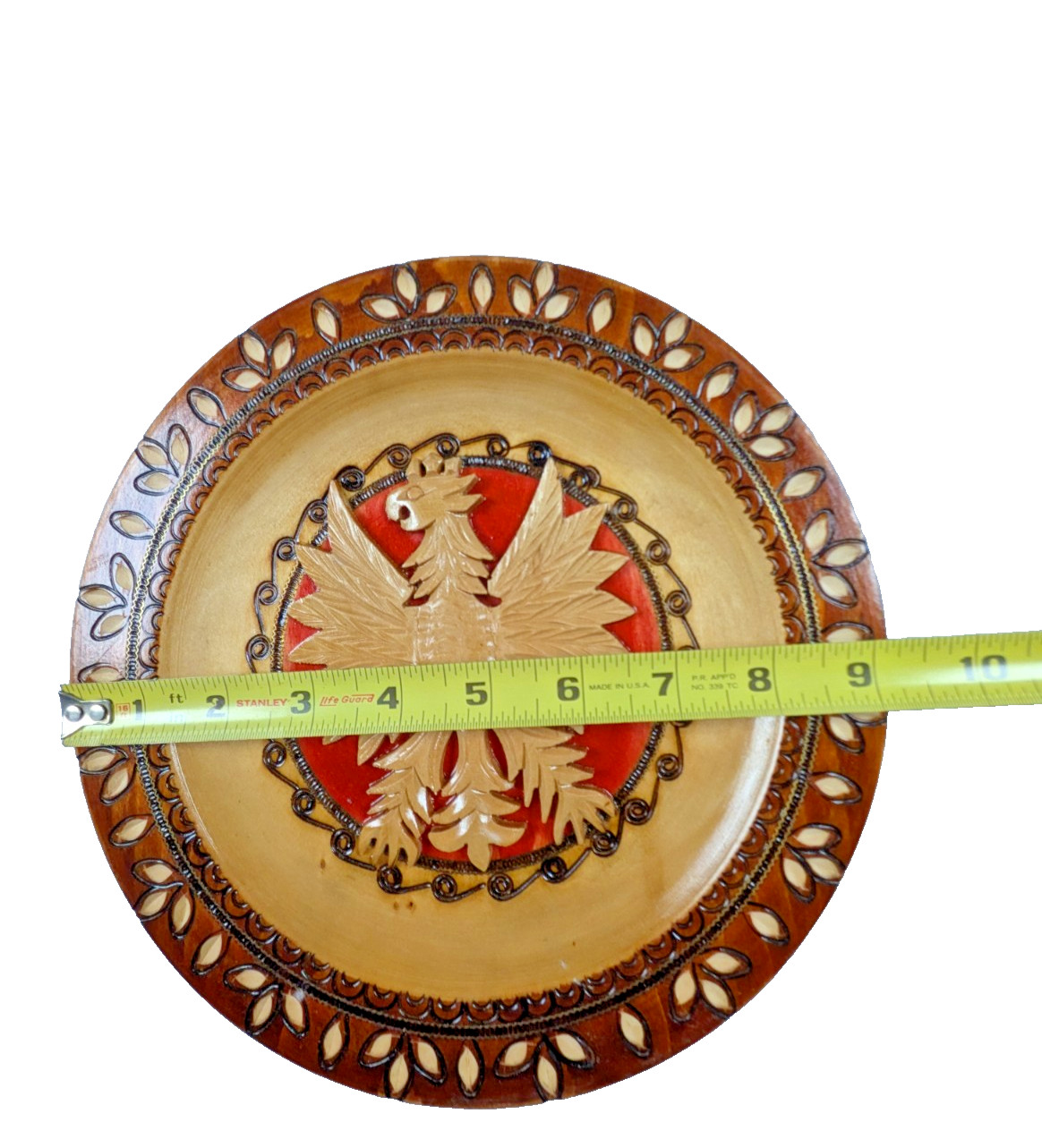 Polish Folk Art Hand Carved Wood Eagle Crest w/Brass Inlay 9-1/4″ Art Plate