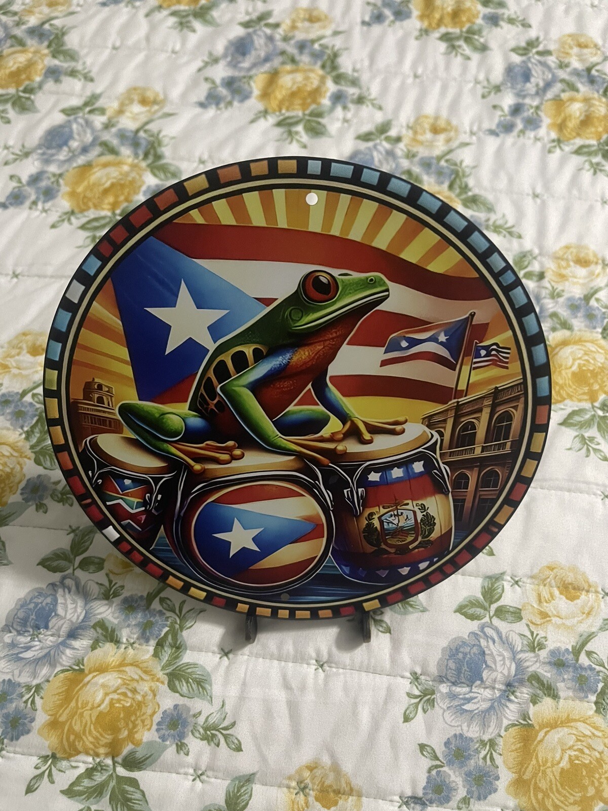 Puerto Rico 8″ Round Metal Sign – Iron Wall Art Coqui Puertorrican Flag Boricua