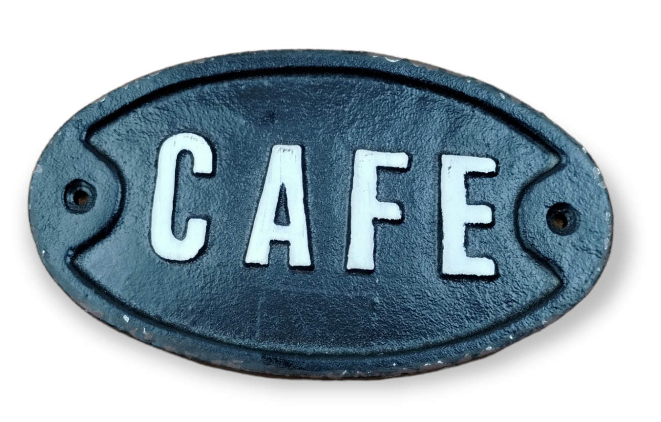 Distressed Vintage Look – Cast-Iron Cafe Wall Sign – 7.25 in Oval (New)