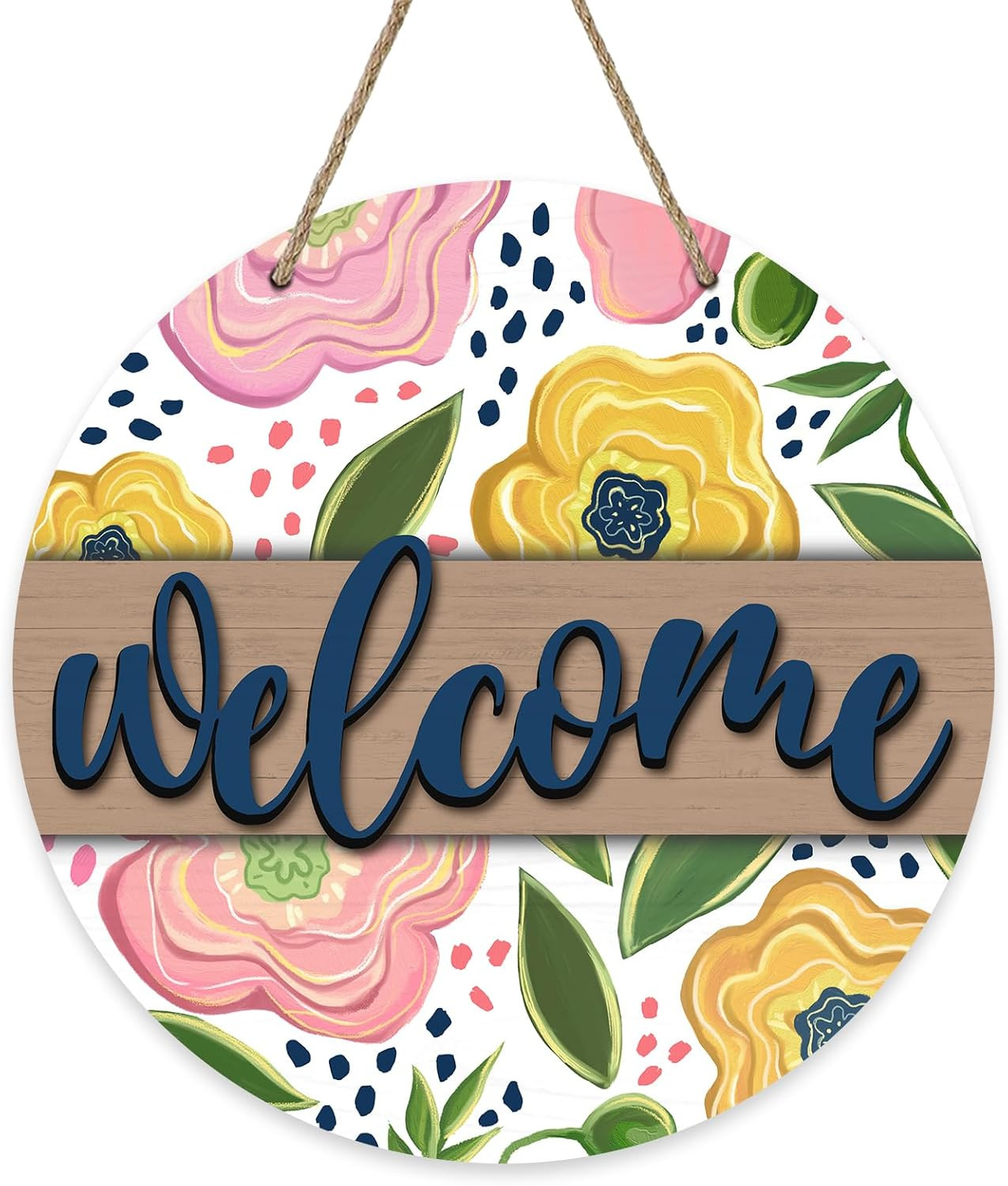 Welcome Spring Summer Flower Front Door Sign, Pink Yellow Floral Wood Door