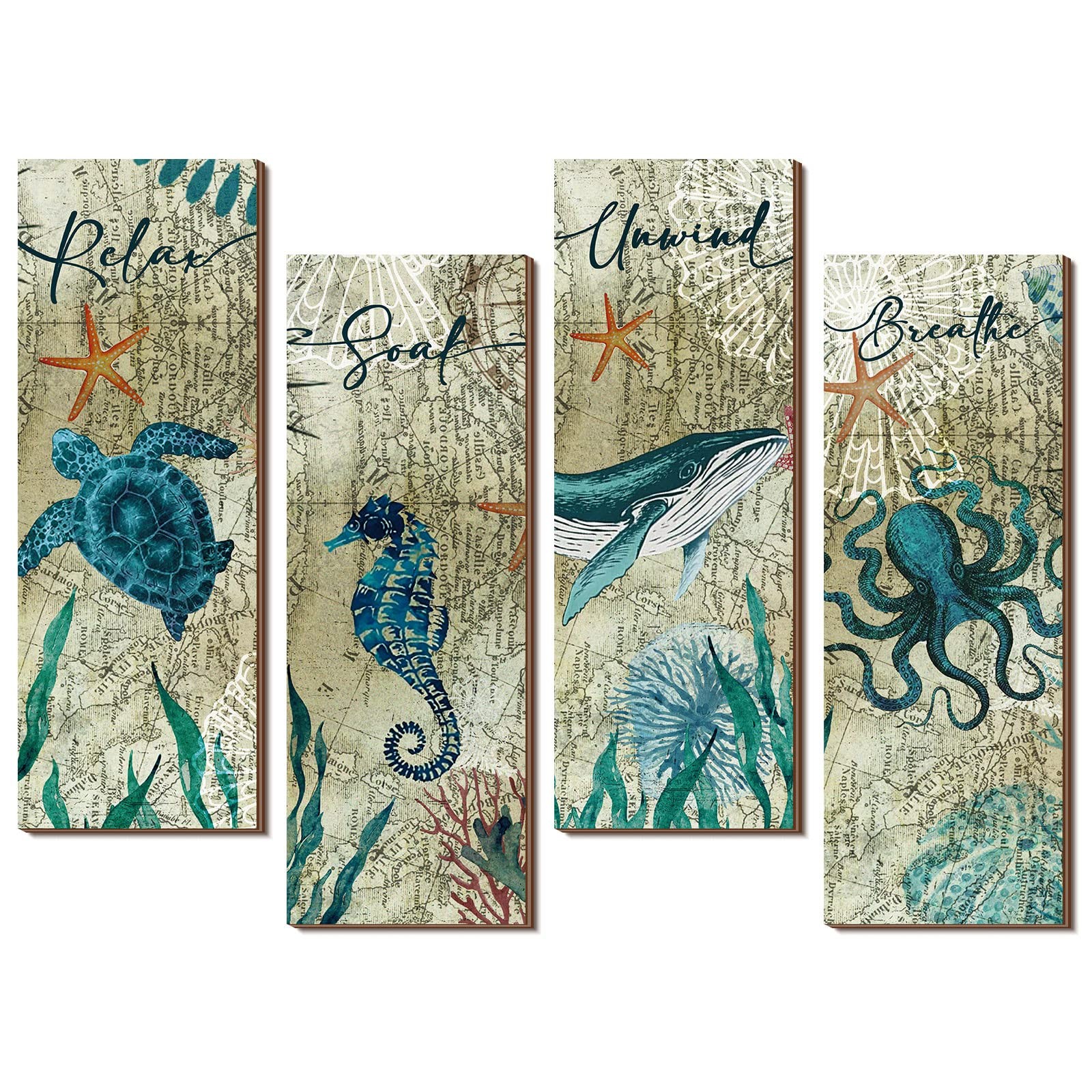 4 Pieces Beach Bathroom Decor Wall Sign Ocean Decor Sea Turtle Wall Art Nautical