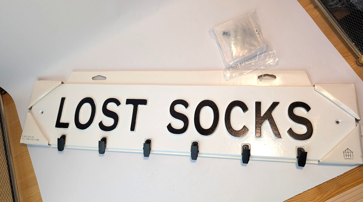 Lost Socks Sign With 6 Clips and Hardware to hang it by 5″ x 23 3/4″ White Black