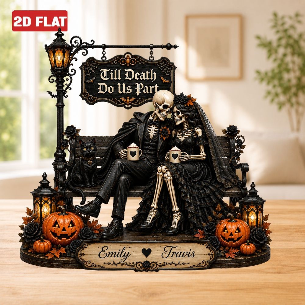 Custom Couple Skeleton Wood Block 2D FLAT Halloween Gift Wedding Anniversary Gif