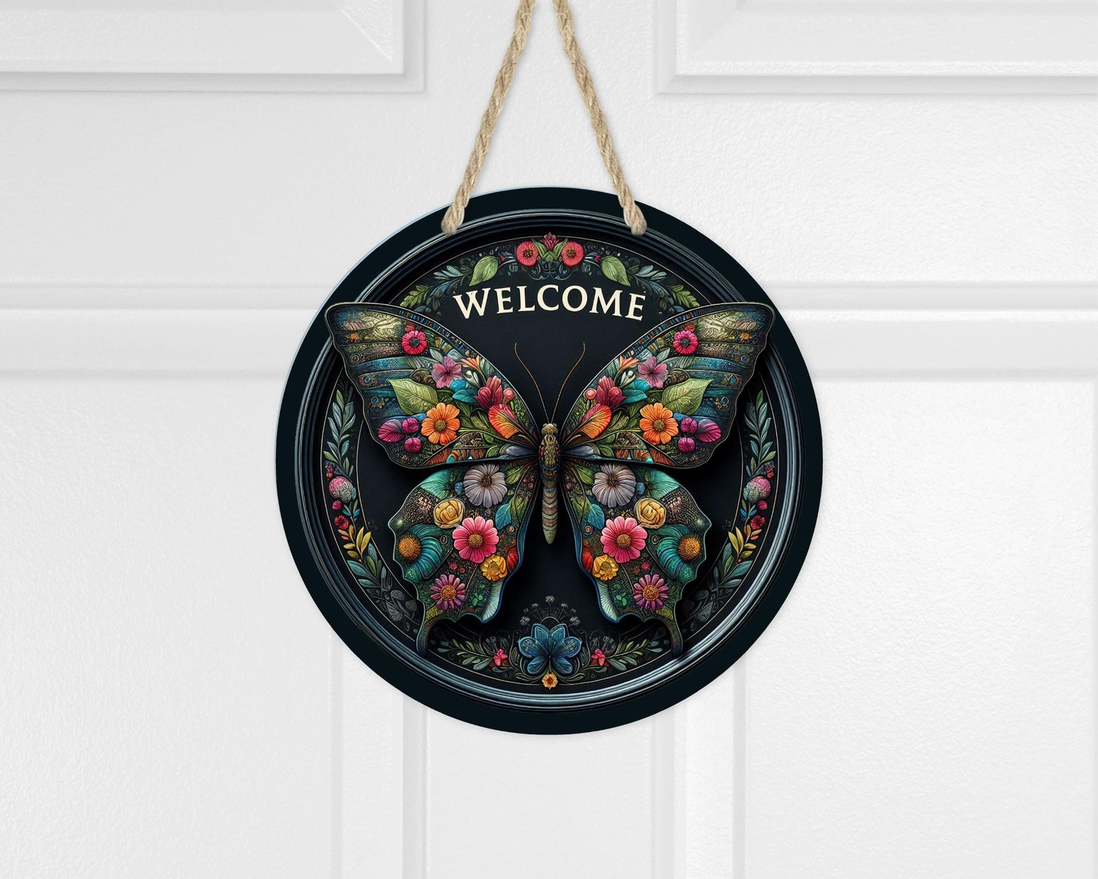 Butterfly Door Sign Aluminum Floral Design UV Protected Waterproof Decor