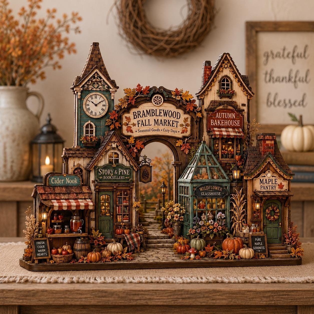 Autumn Village Wooden Block Fall House Shelf Decor