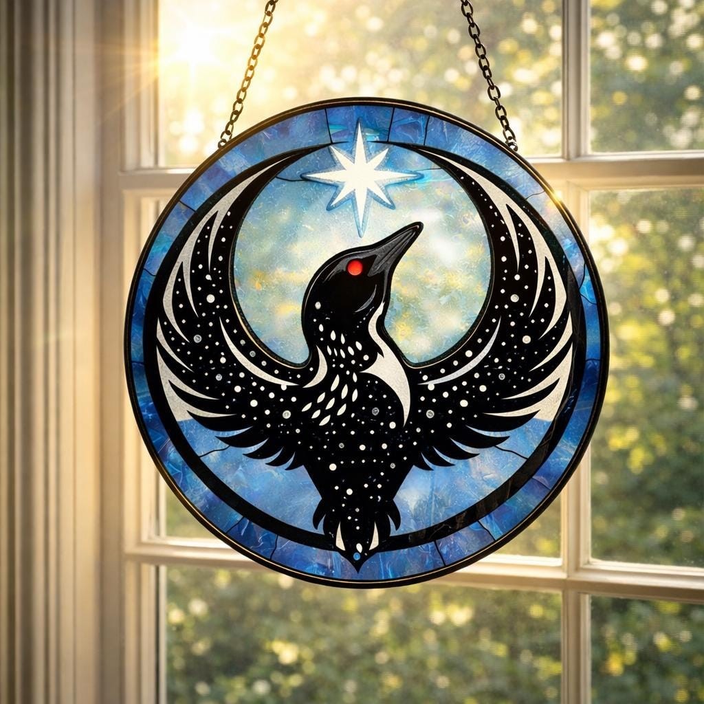 Minnesota Loon Stained Glass Suncatcher Round Window Hanging, Nature Bird Art