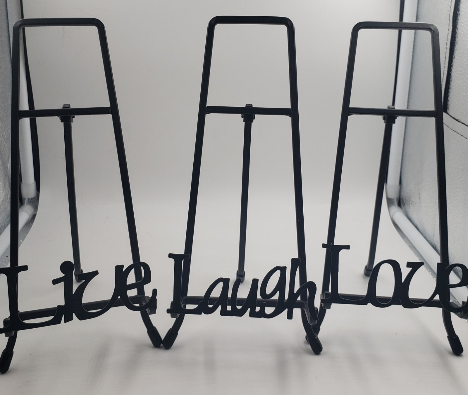 Set of 3 Black Metal Live, Laugh, Love Folding Plate Display Easels 10″ Tall