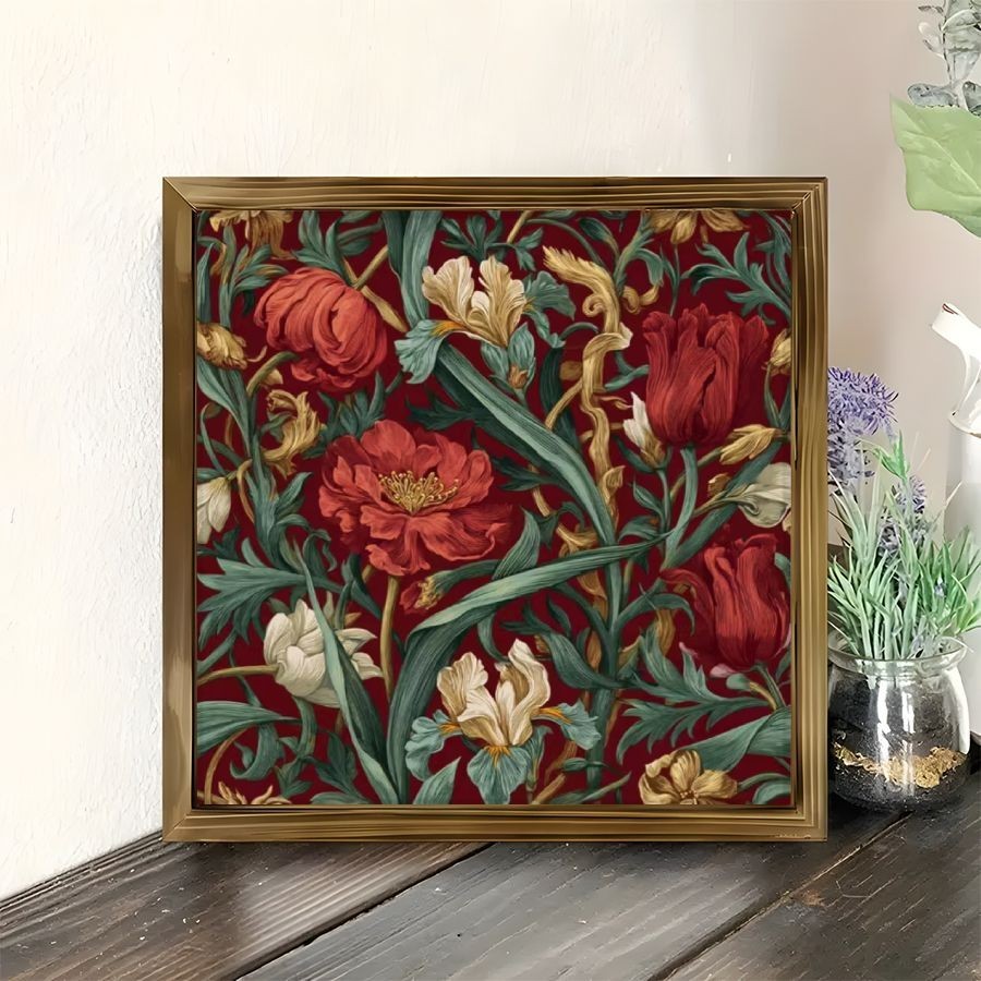 Vintage Red Floral Pattern Wooden Frame Sign Rich Red Green Botanical Wall Art