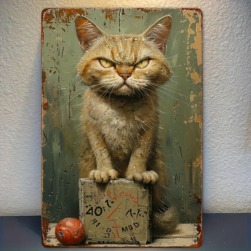 1pc Vintage “Cat” Tin Metal Signs, Iron Cube Shape, Painted Finish 12L” x 8W”