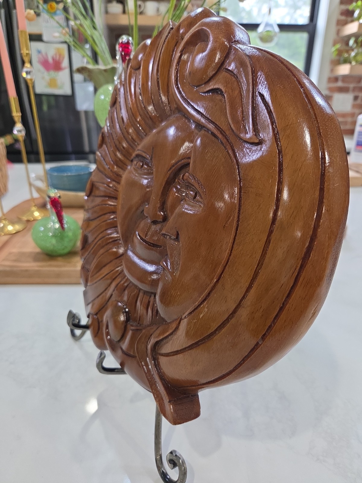 Hand Carved Celestial Kissing Sun and Moon Solid Wood Wall Plaque Lovers Forever