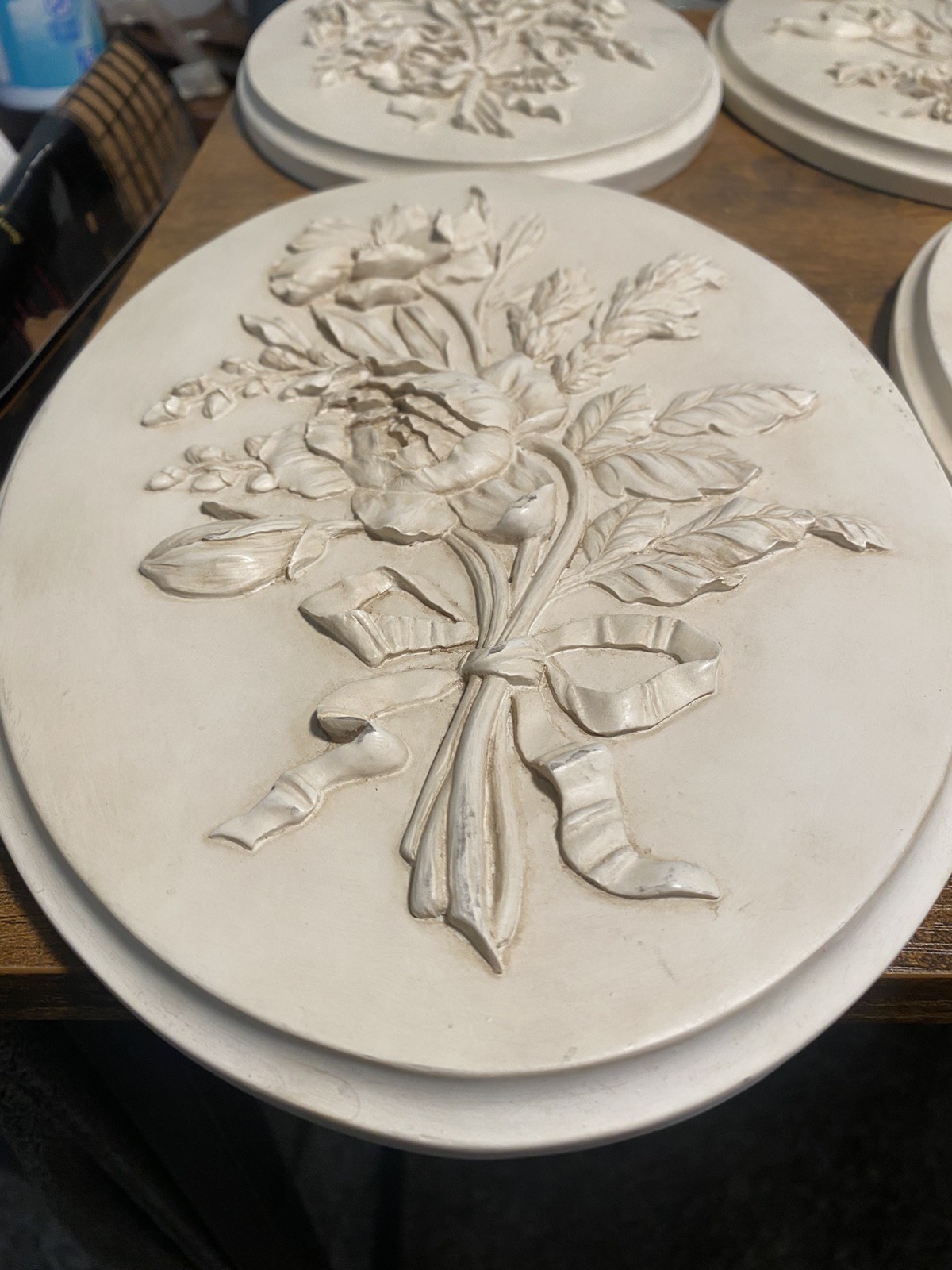 4 VTG HERMITAGE Ivory/Cream Floral Botanical Bows Wall Plaques Coquette French