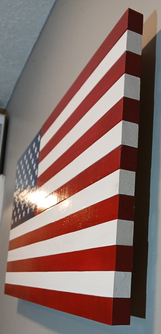 RUSTIC WOODEN AMERICAN FLAG HANDCRAFTED RED WHITE BLUE 50 STAR 24 X 13 IN STOCK