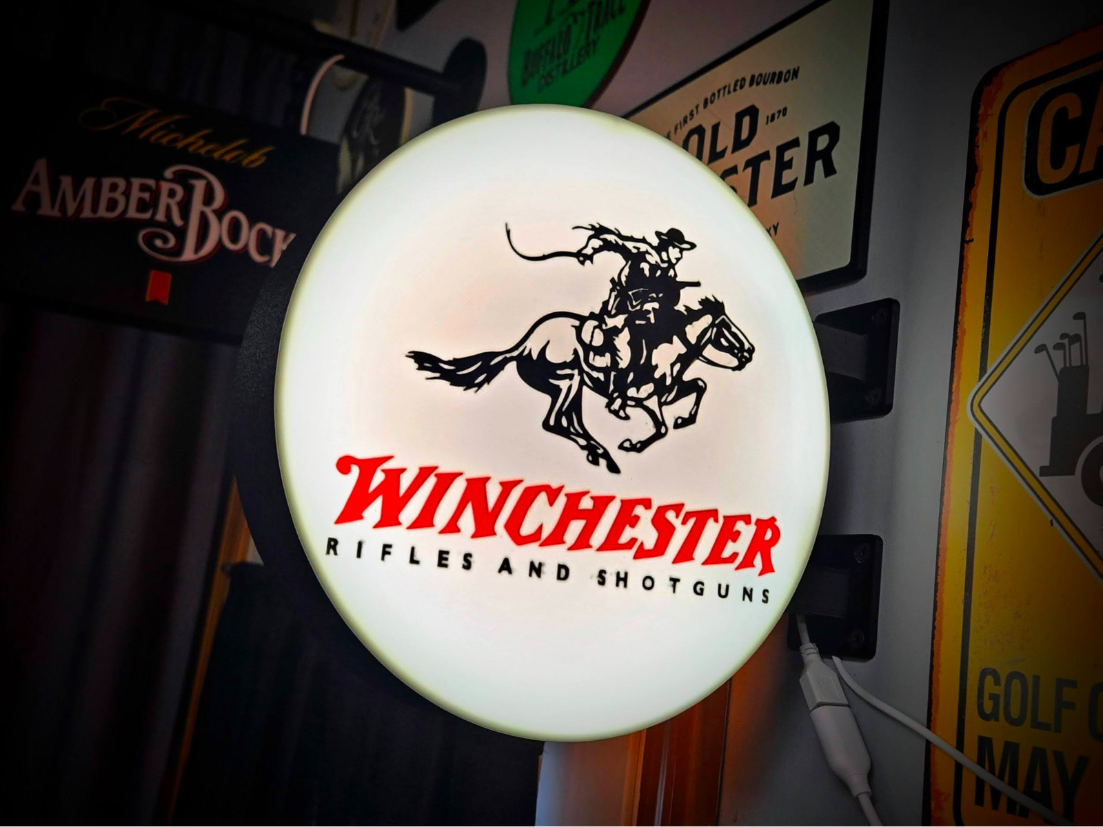 Winchester LED Lightbox Sign 3D Printed Round Wall Mount Man Cave Garage Decor