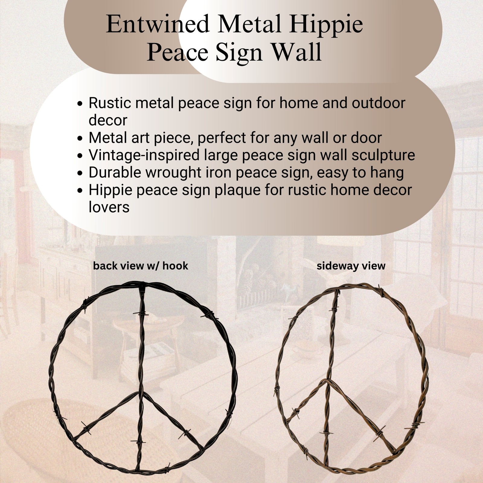 Rustic Copper Iron Peace Sign – Large Hippie Wall Art for Vintage Home Décor