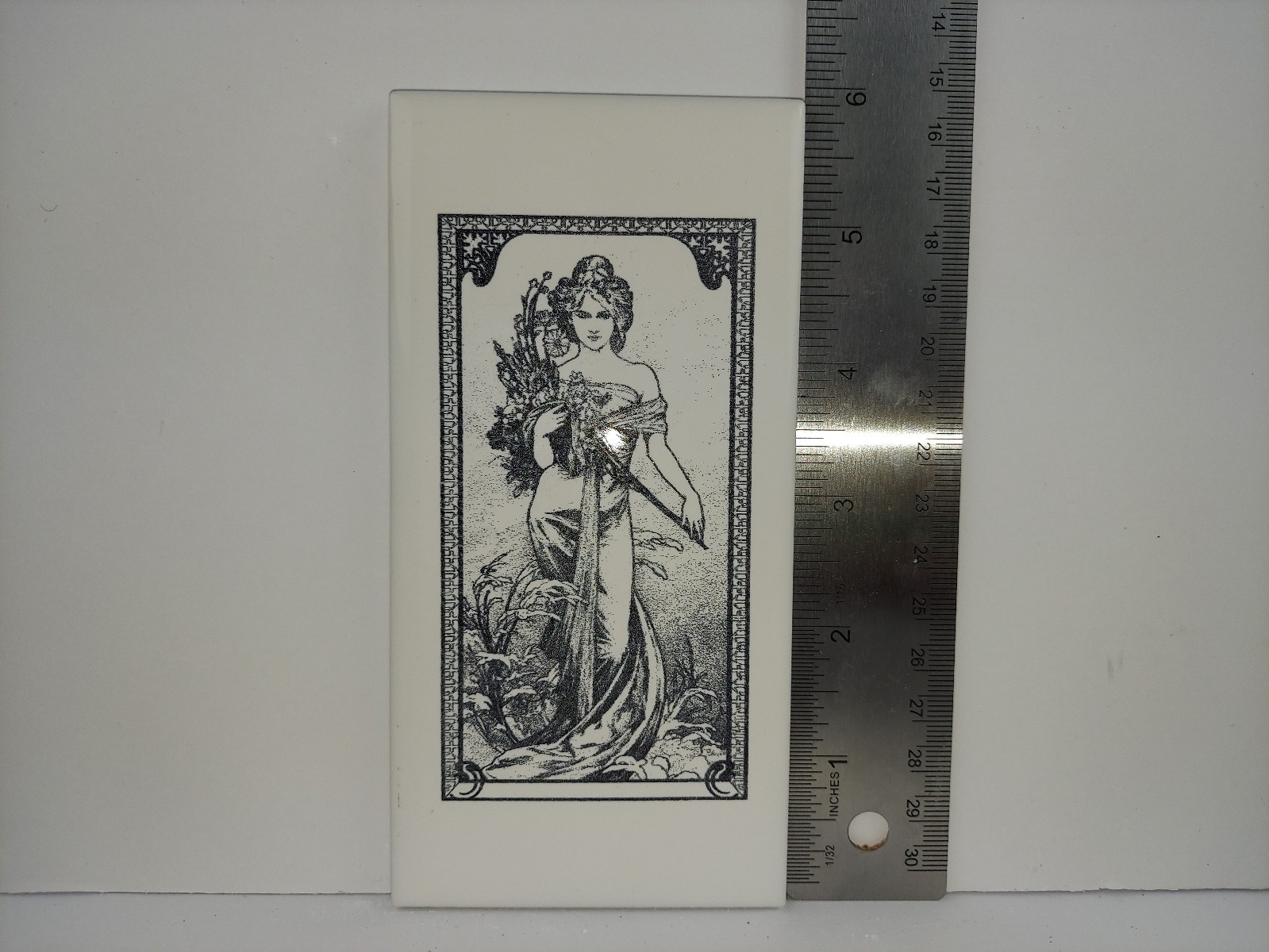 Alphonse Mucha Floral Maiden Laser Engraved Ceramic Art Tile 3×6 Art Nouveau