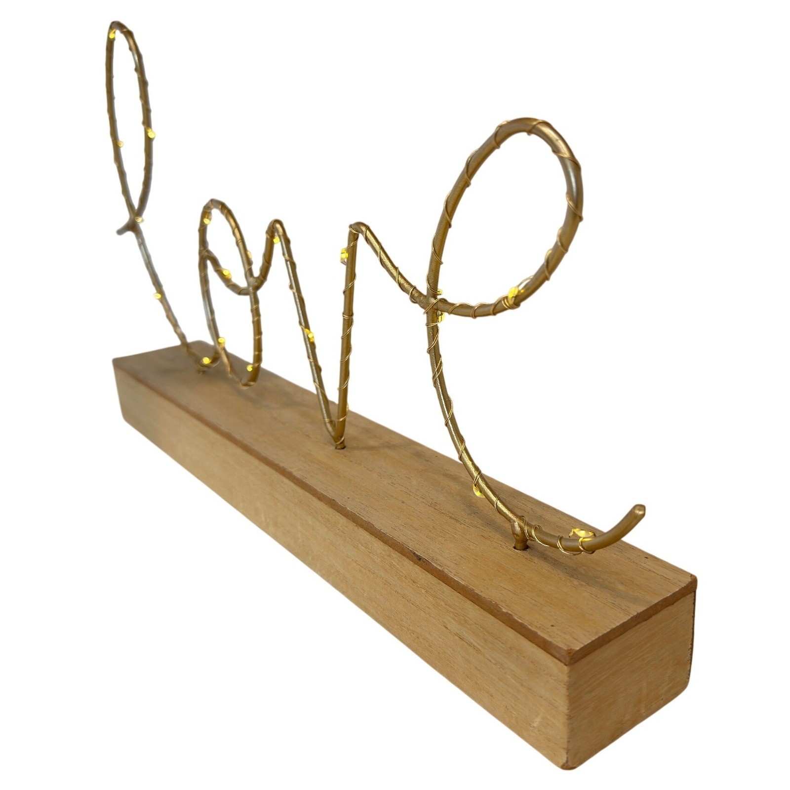 Gold Wire Love Sign with LED Fairy Lights on Wood Base Tabletop Decor