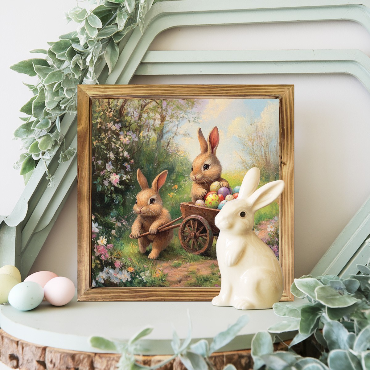 Easter Bunnies with Egg Wheelbarrow Wooden Plaque Rustic Spring Holiday Decor