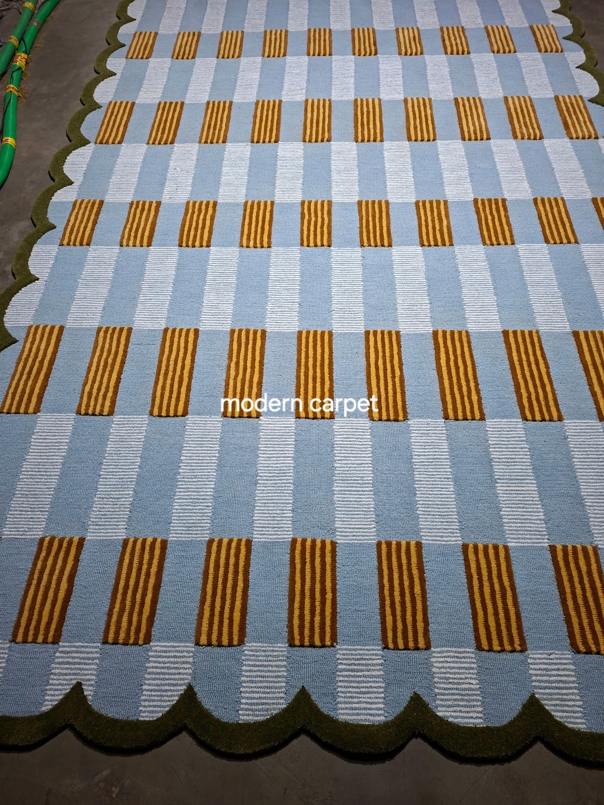 Large Scalloped Edge Area Rug | Modern Tufted Blue & Gold Carpet For Home Decor