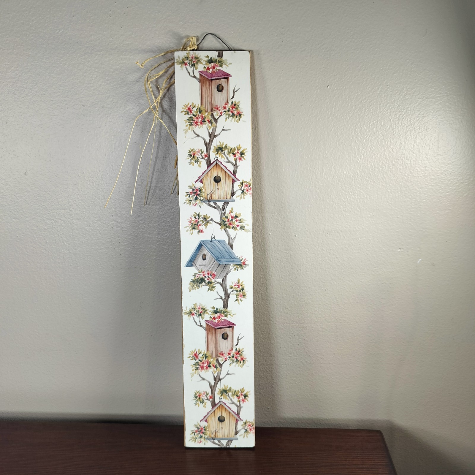 Vintage Wooden Birdhouse Plaque With Tree Vines Hanging 16.5 x 3 inches