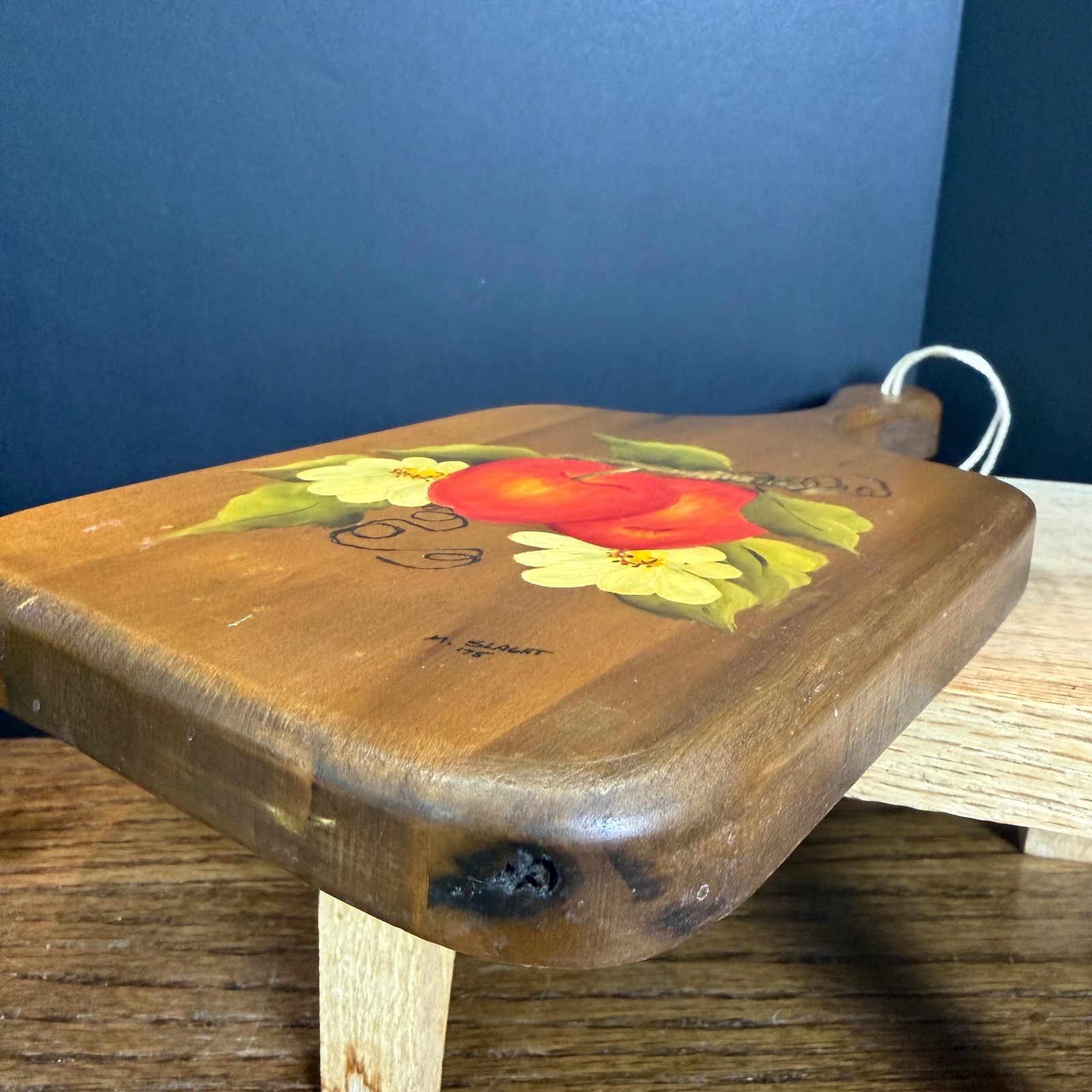 Hand Painted Apple Cutting Board Wall Decor Signed 1975 Wooden Vintage Farmhouse