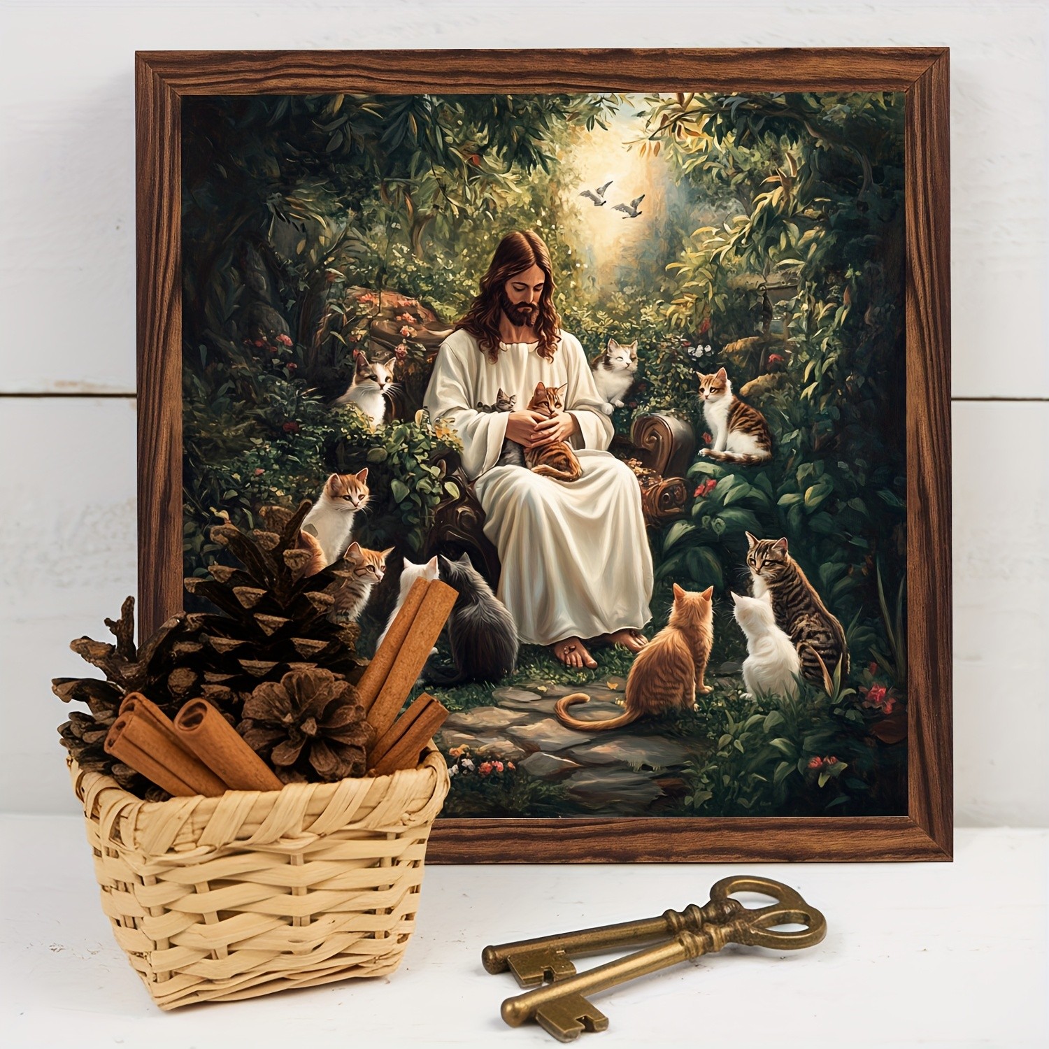 2D Vintage Jesus with Cats Wooden Wall Art Framed Decorative Sign Home Bar Decor
