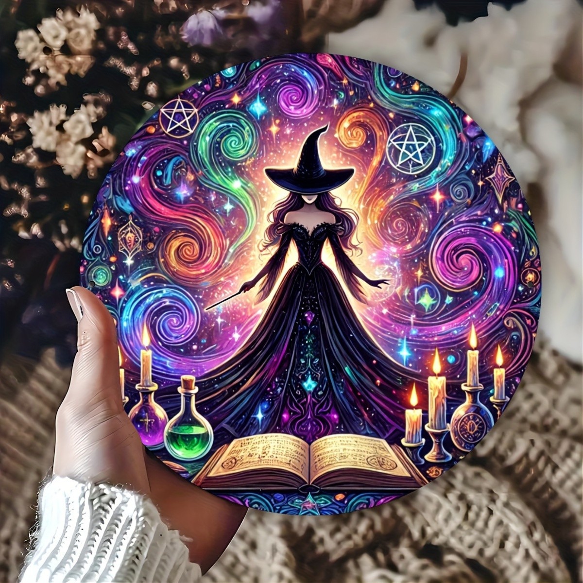 Tin Metal Signs 8x8inch Aluminum Witch Theme 2D Wall Art, 1pc Foil Engraving Wit