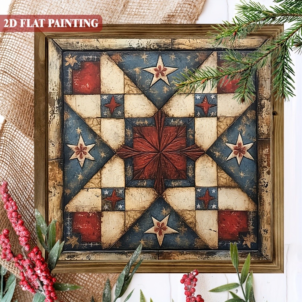 Vintage Patriotic Star Quilt Pattern Wall Art, Farmhouse Home Decor