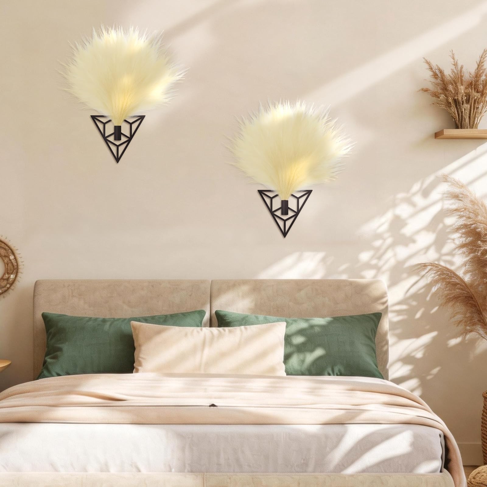 2 Pieces Boho Wall Decor Gold Metal Wall Art Artificial Pampas Wall Mounted H…