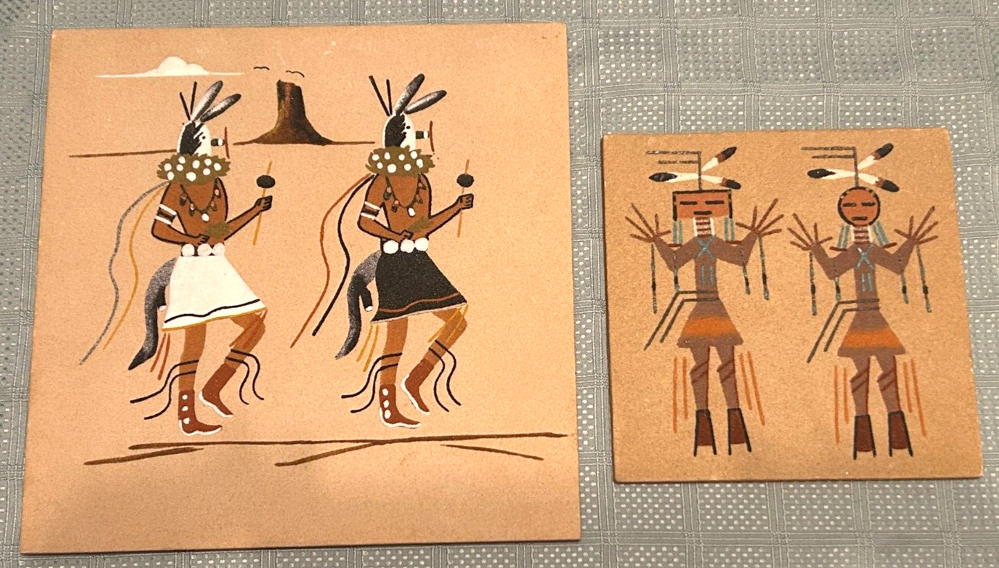 LOT OF 2 NATIVE AMERICAN/NAVAJO SAND ART WALL PLAQUES-HEALING PEOPLE/DANCERS-VGC