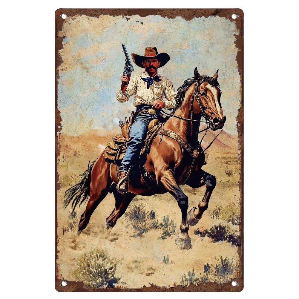 DOODLREAM Western Cowboy Wall Decor Vintage Metal Tin 12″L x 8″W,