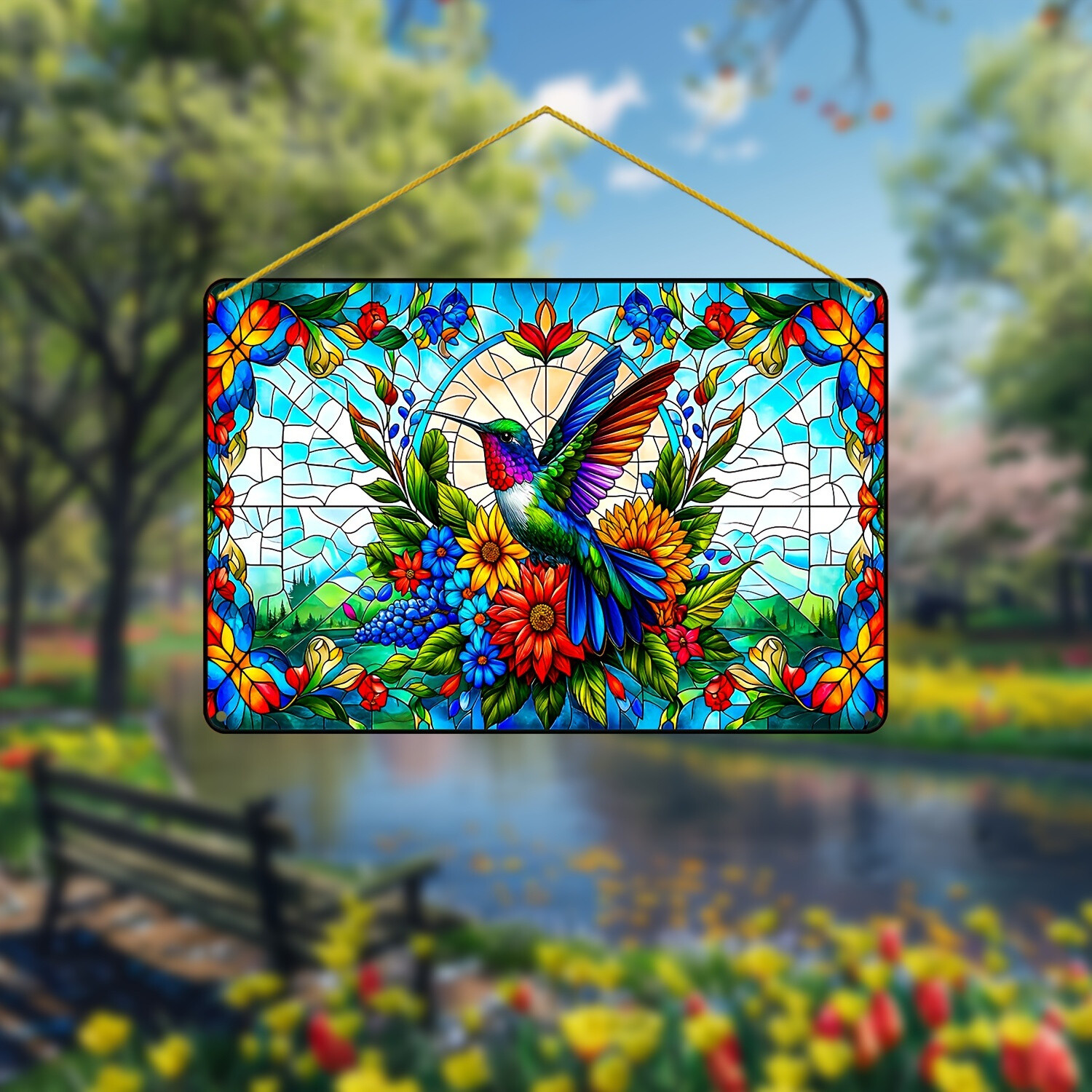 Hummingbirds and Flowers Garden Window Decorations Hanging Decorative Wall Signs