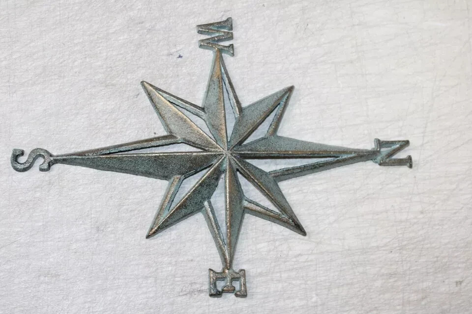 Metal Iron Nautical Rose Compass Star Directional Sailing Boat Wall Beach 14×10″