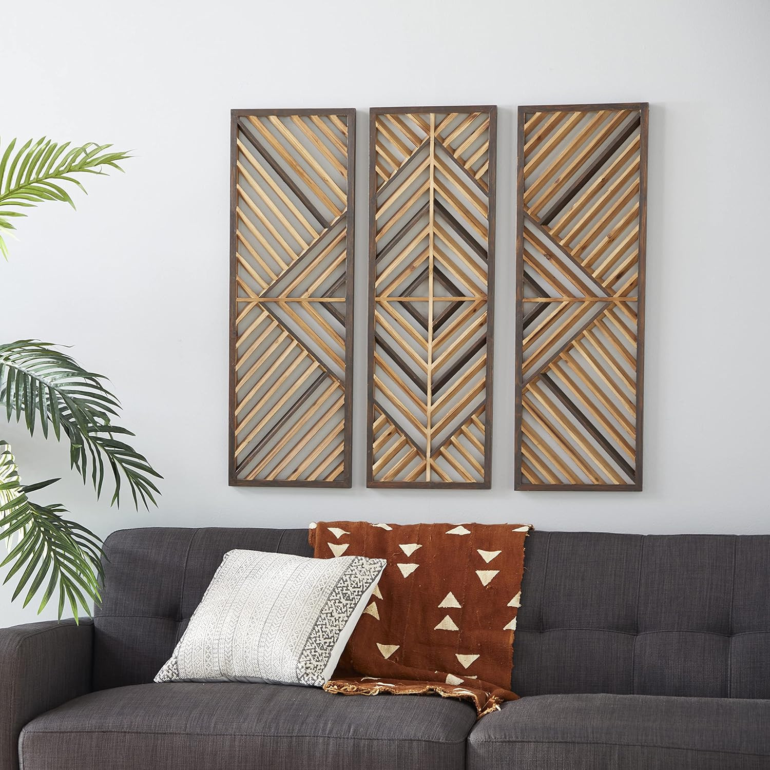 Set of 3 Brown Wood Geometric Wall Art Sculptures, 12″W x 35″H