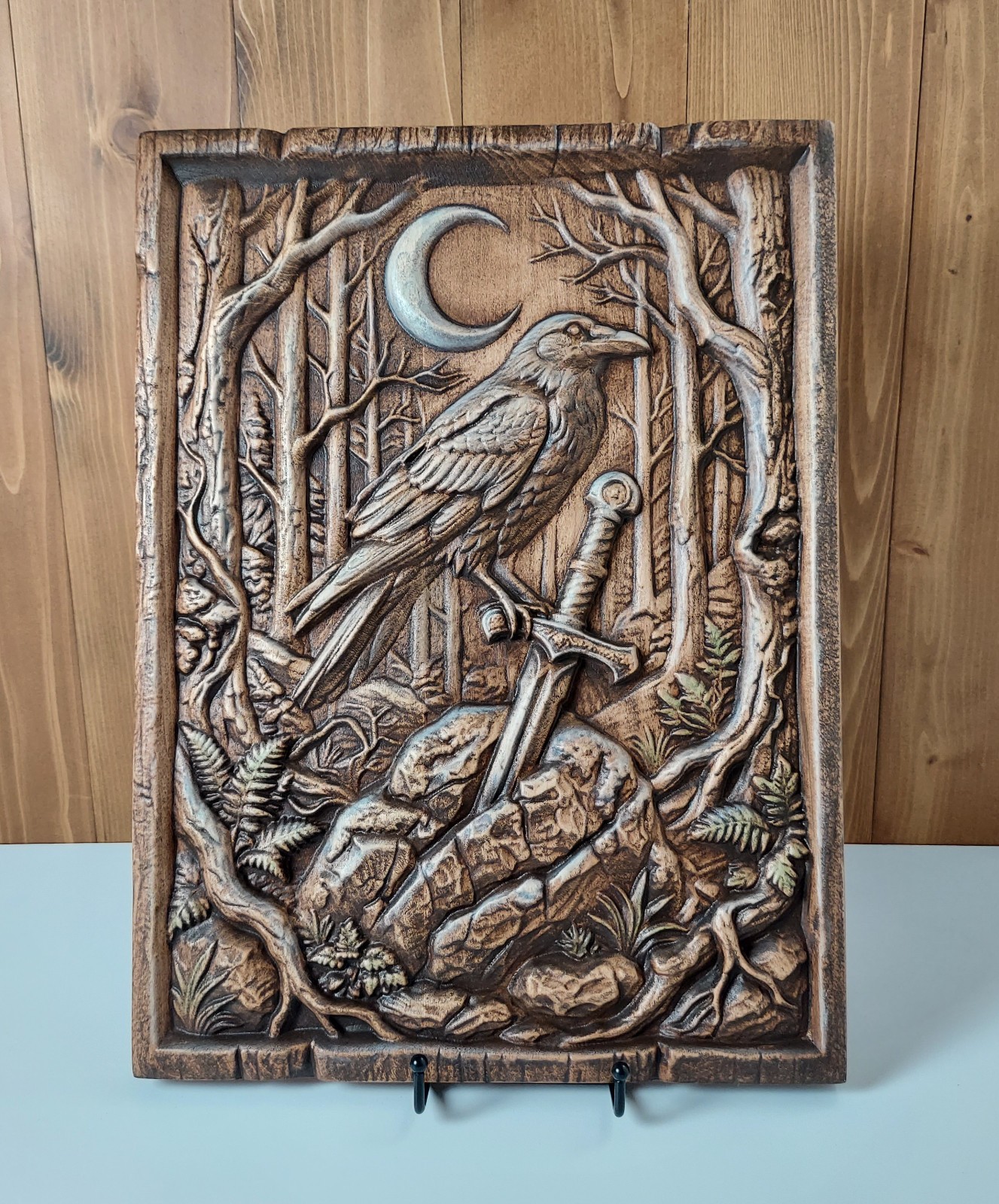 Raven Wood Wall Art, 3D Relief Carving, Moon Forest Handmade Maple Decor