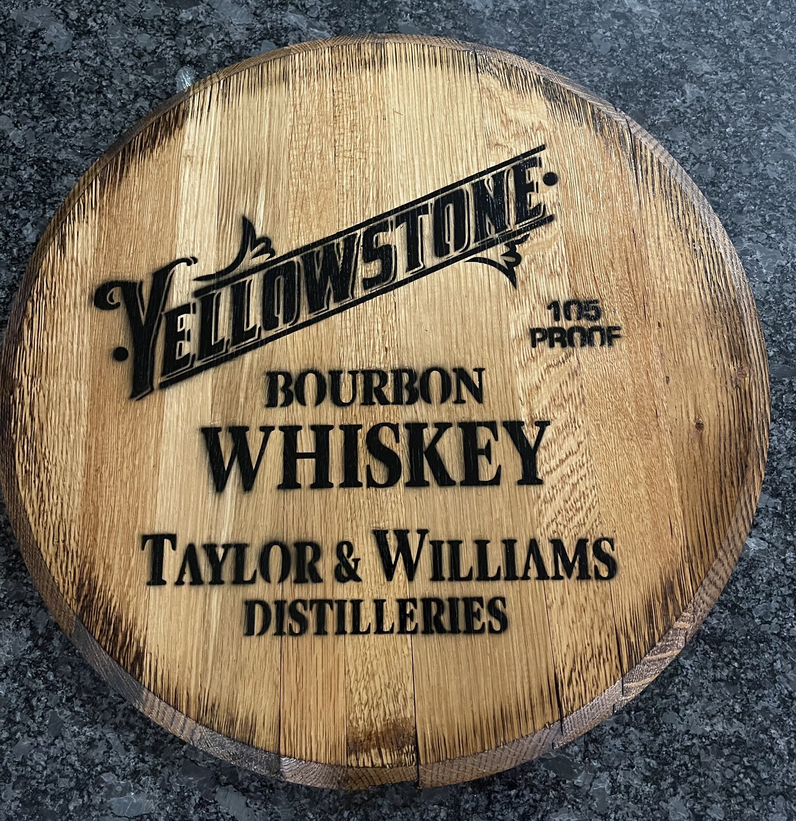 Bar Decor (Yellow Stone Bourbon Whiskey ) Reclaimed Bourbon Barrel Head 21”