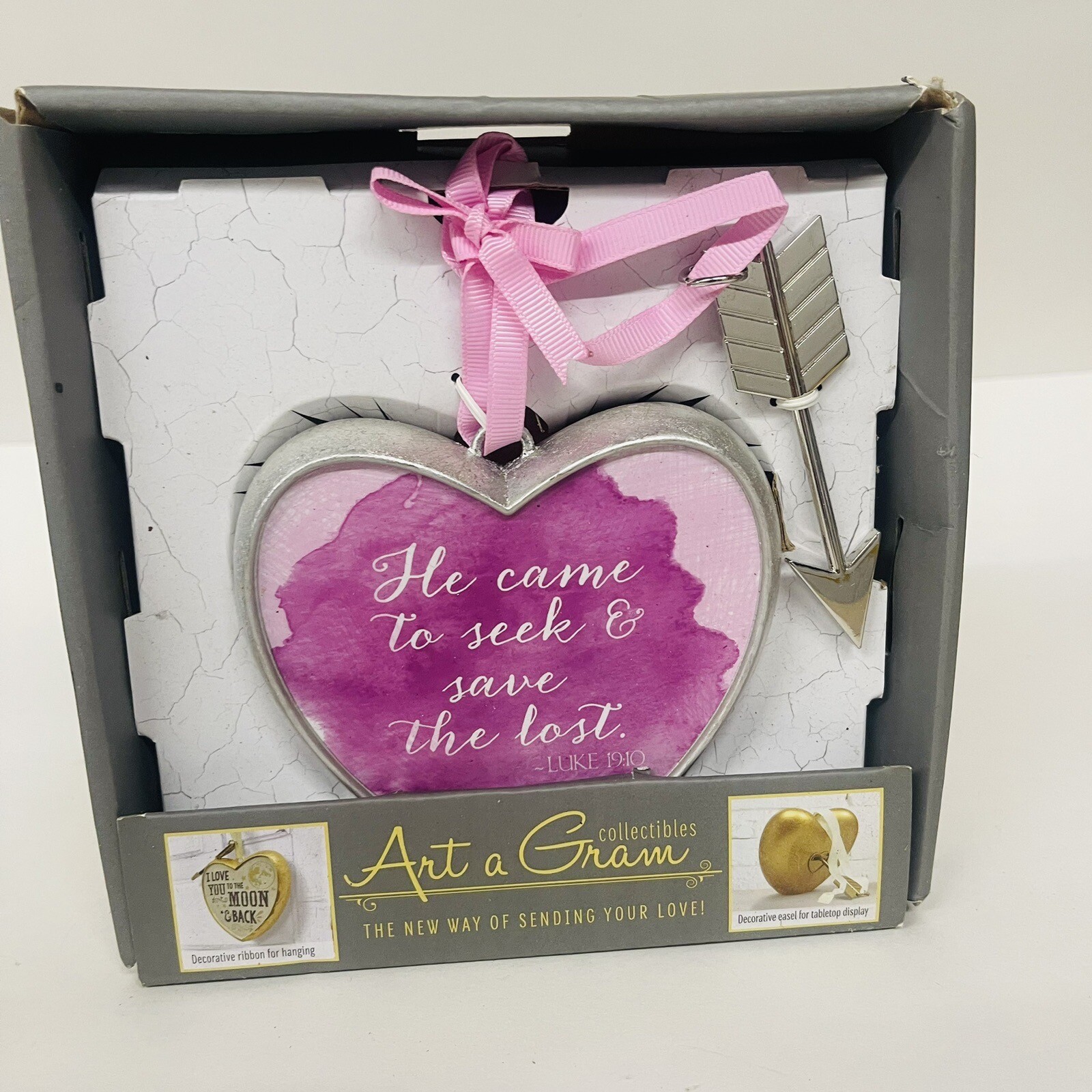 Art a Gram Silver Pink Heart Plaque Luke 19:10, Decorative Door Hanging Standing