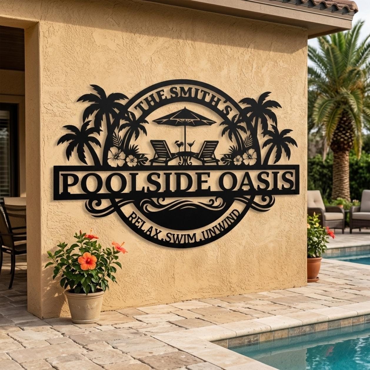 Custom Poolside Sign, Personalized Metal Pool Sign, Tropical Palm Patio Decor