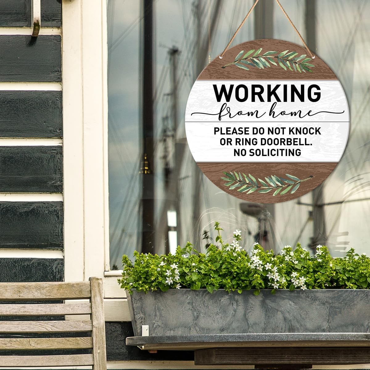Working from Home Sign, No Soliciting Round Hanging Sign Small Signage, white