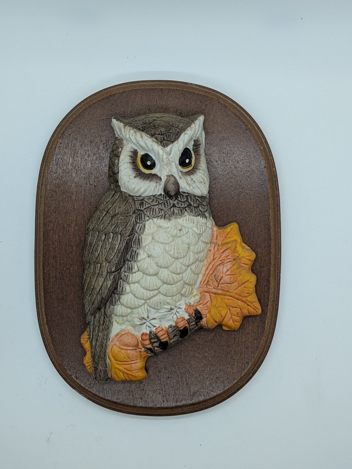 VTG Owl Wall Plaque Set of 2 – Oval, Ceramic & Wood, 3D Effect 1960’s Decor