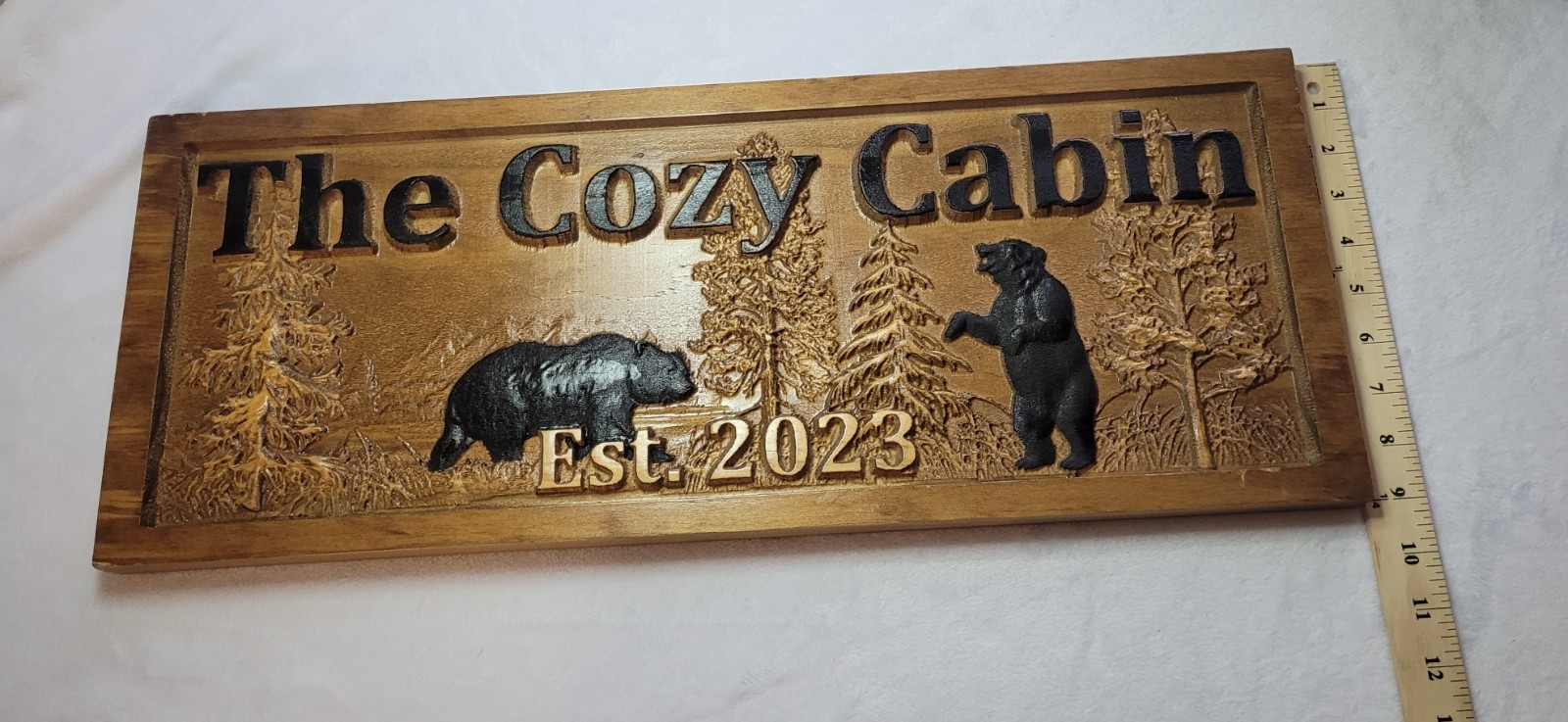Engraved Wood Rustic Bear Cabin Wall Sign “The Cozy Cabin” Est. 2023 23×9