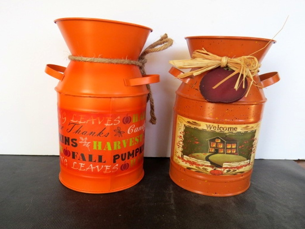 Tin Metal Milk Cans: Fall Autum Harvest Pumpkin Thanksgiving Decor 7-1/2″ /19cm