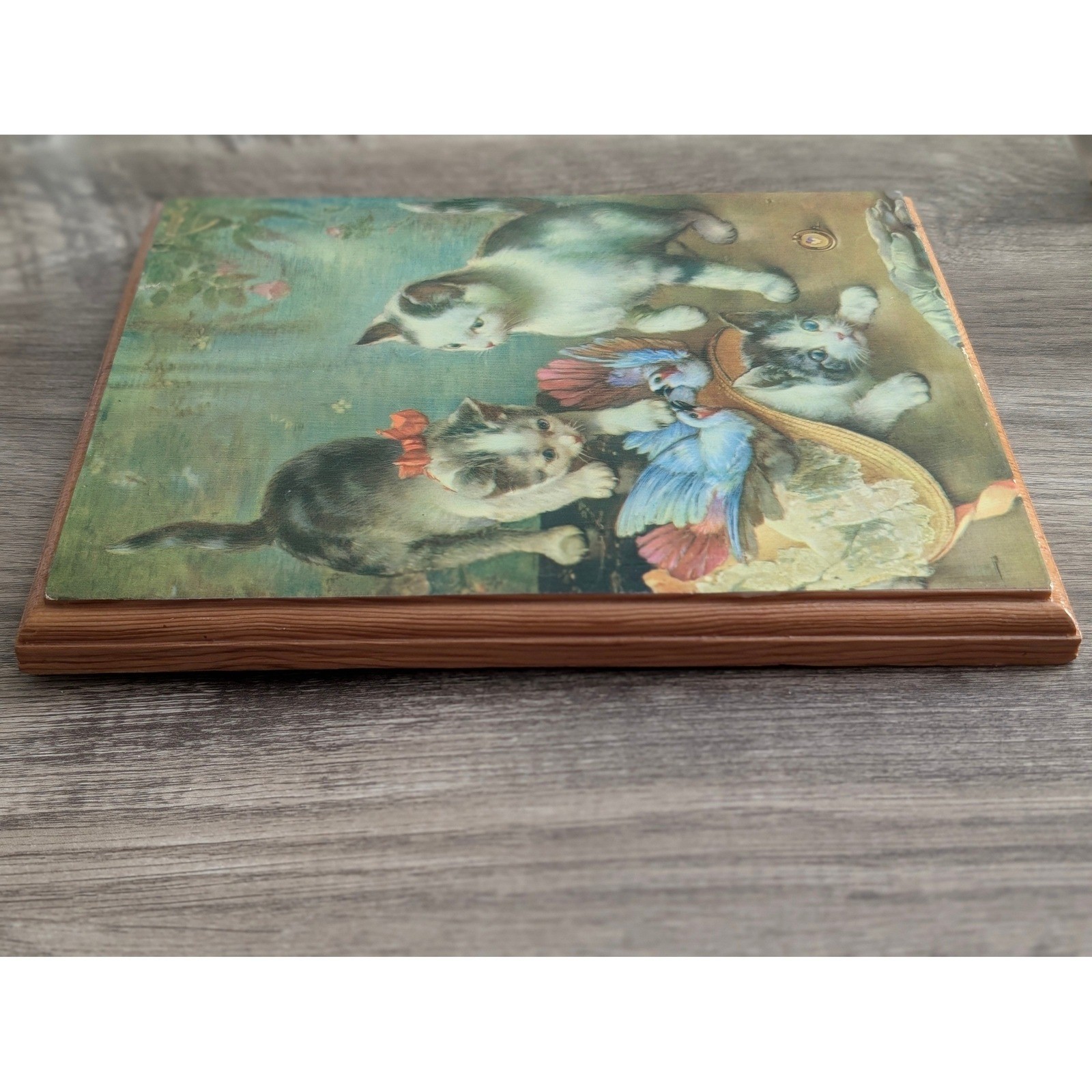 Vintage C Reichert Kittens and Birds Wood Plaque Wall Art 1976 Decoupage