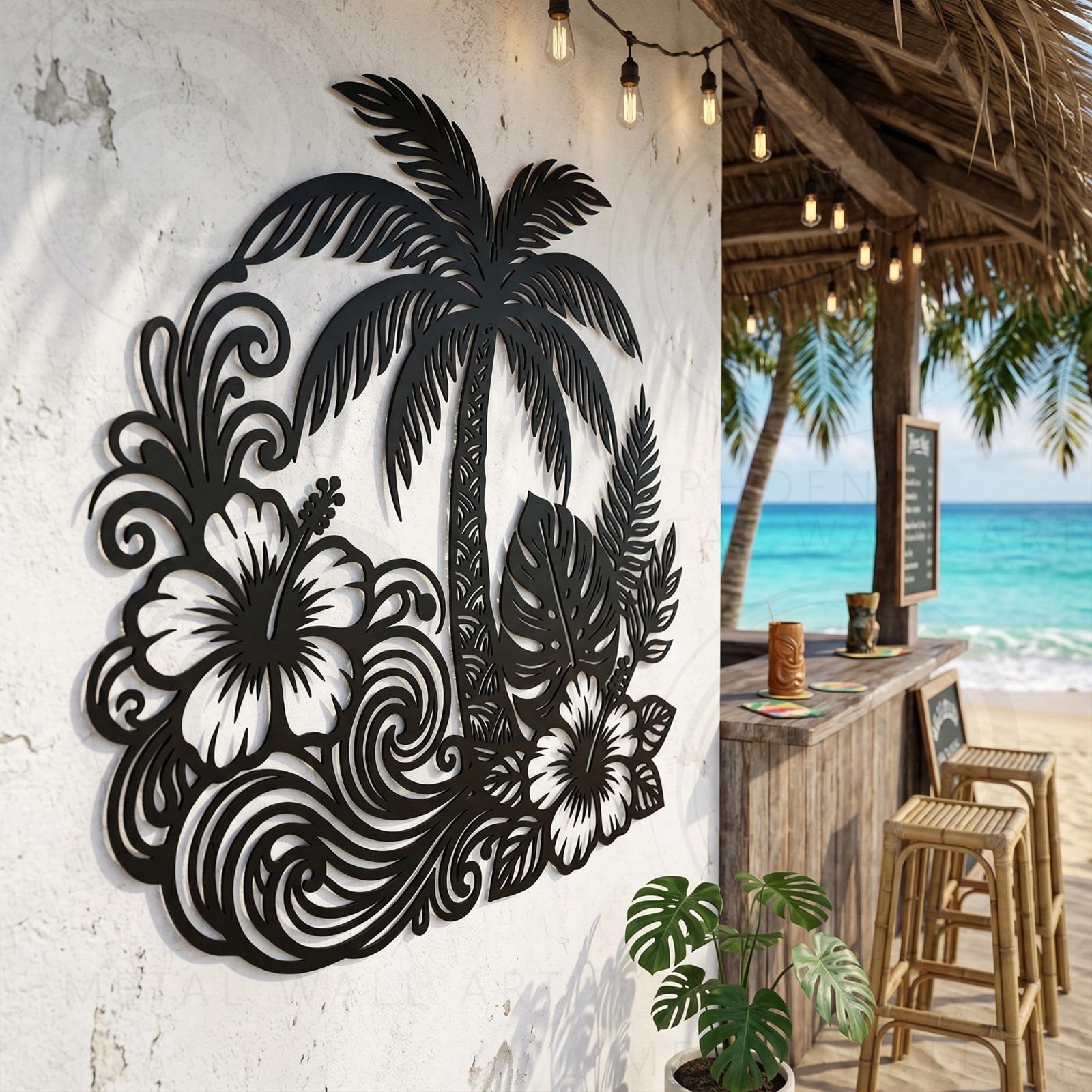 Tropical Palm Tree Metal Wall Art, Hawaiian Beach Decor, Coastal Metal Sign