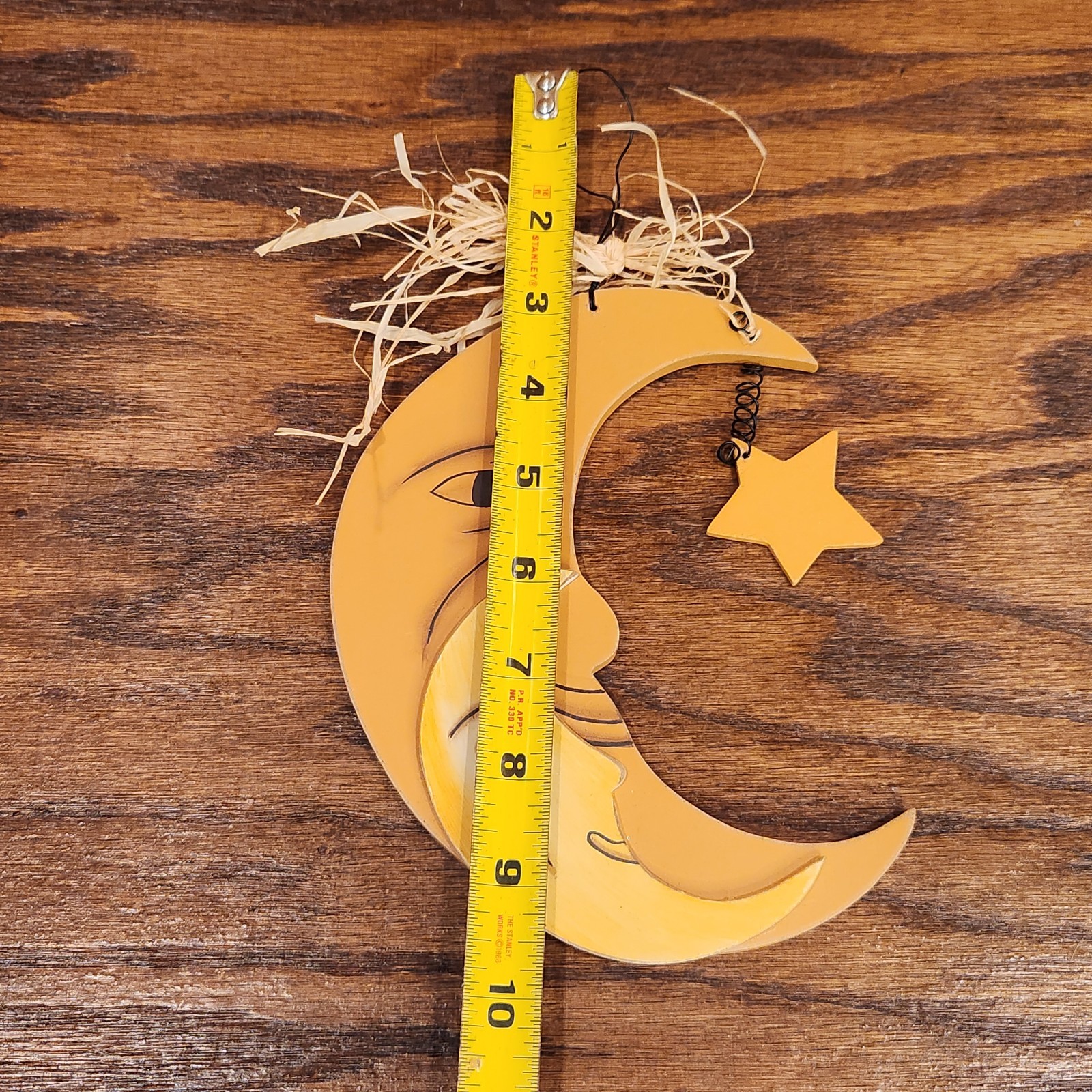 Crescent Moon Face & Star Yellow Light Wooden Hanging Wall Decor Celestial Space